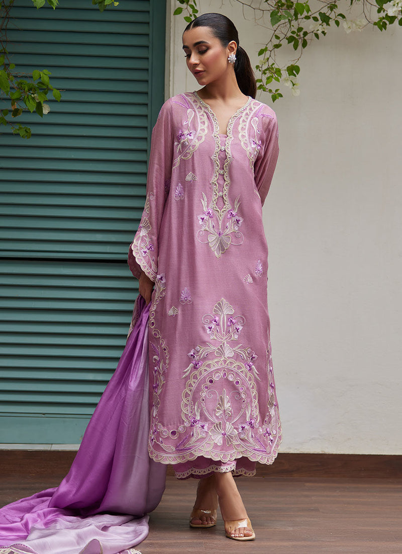Ivan Mauve Embroidered Cotton Net Shirt With Medium Silk Dupatta