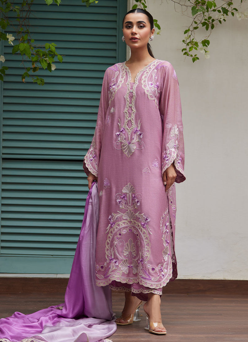Ivan Mauve Embroidered Cotton Net Shirt With Medium Silk Dupatta