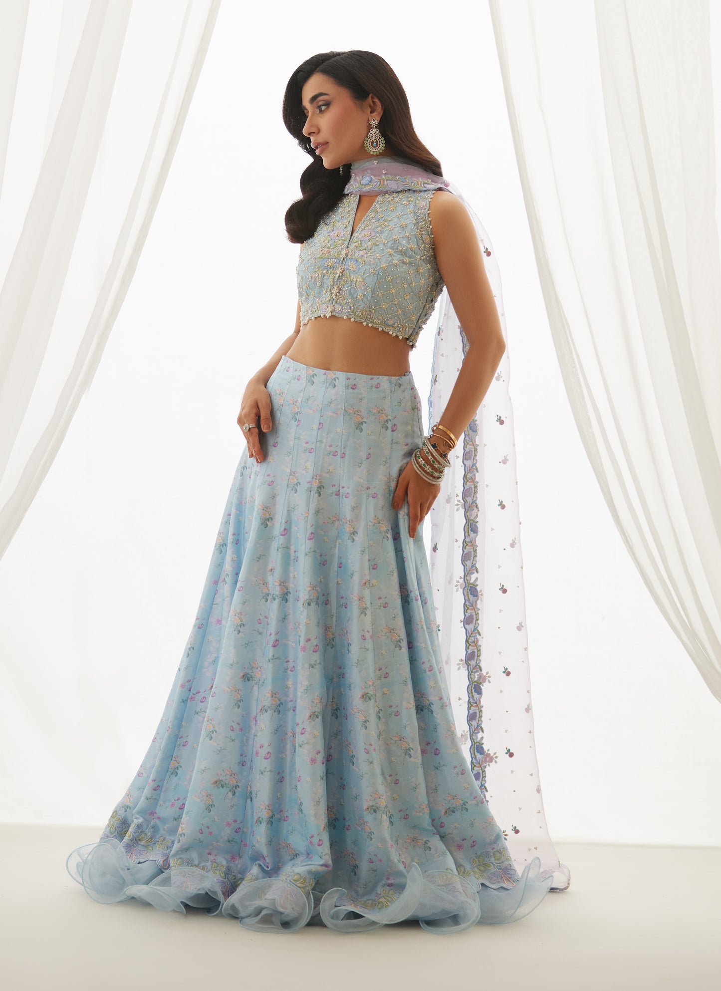 Zyla Sky Blue Choli, Lehenga And Dupatta