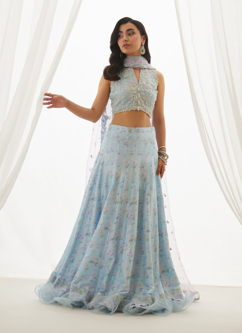 Zyla Sky Blue Choli, Lehenga And Dupatta
