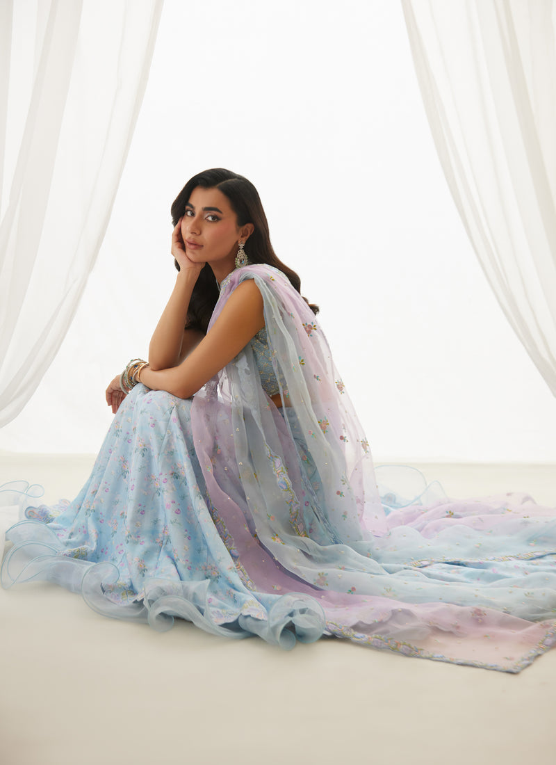 Zyla Sky Blue Choli, Lehenga And Dupatta