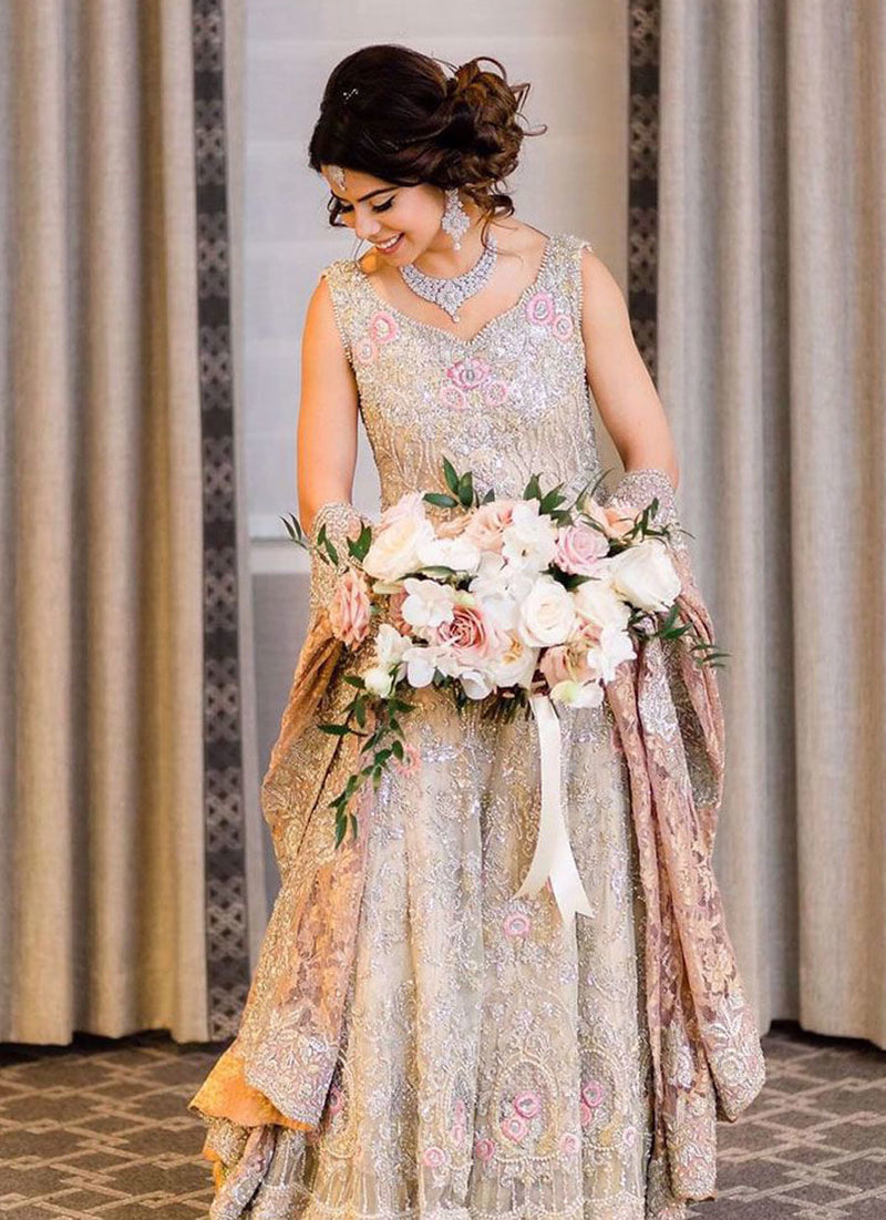 Mehreen in Hand-Crafted Ivory Ensemble With a Blush Chantilly Lace Dupatta