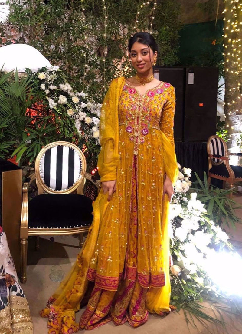 Sofia In a Stunning Saffron Kalidaar Accentuated with Magenta and Gold Details