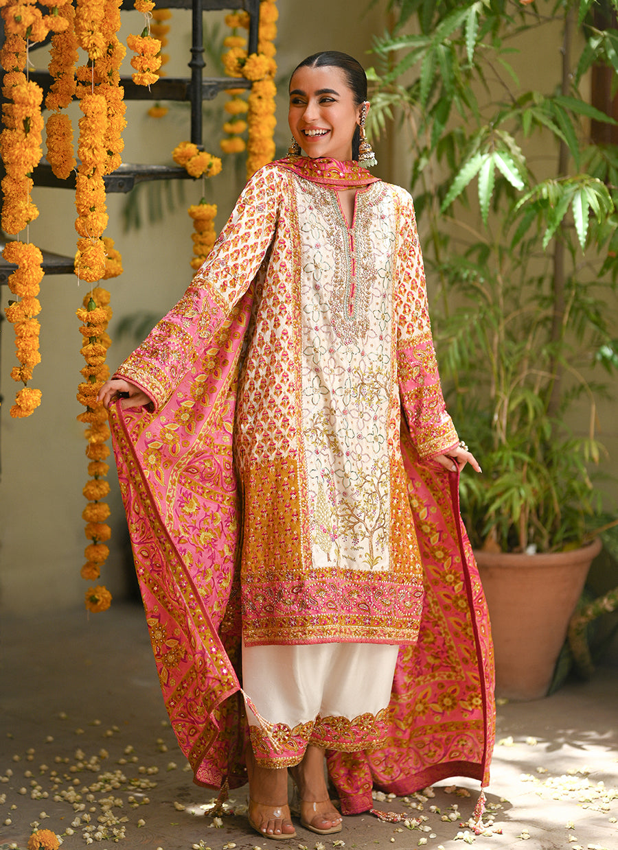 Twila Ivory hand worked kurta, Izaar, with block printed embellished dupatta