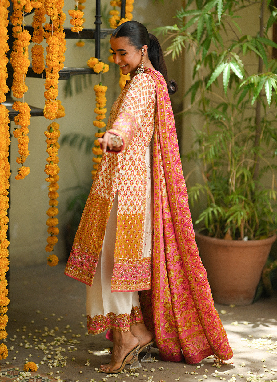 Twila Ivory hand worked kurta, Izaar, with block printed embellished dupatta