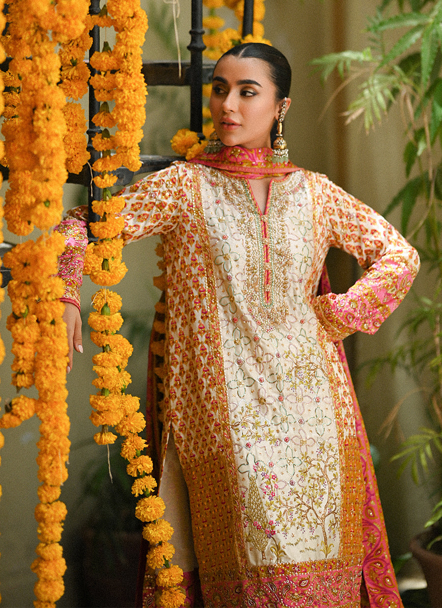 Twila Ivory hand worked kurta, Izaar, with block printed embellished dupatta