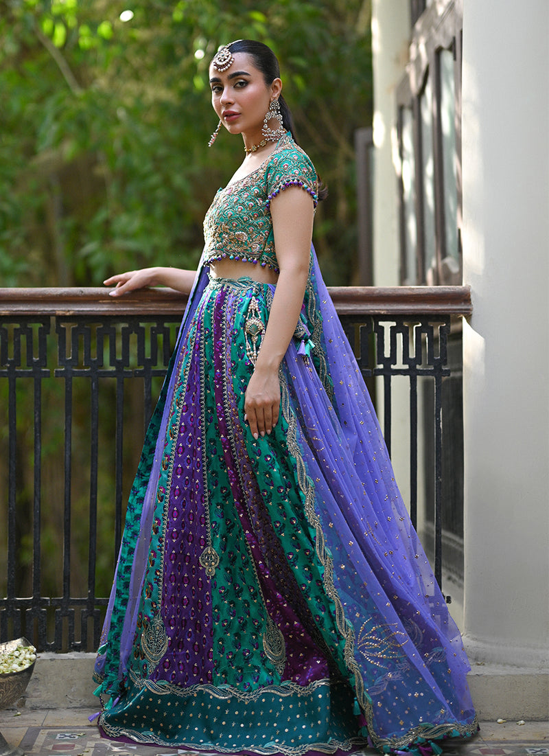 Bluebell sea green block printed lengha choli