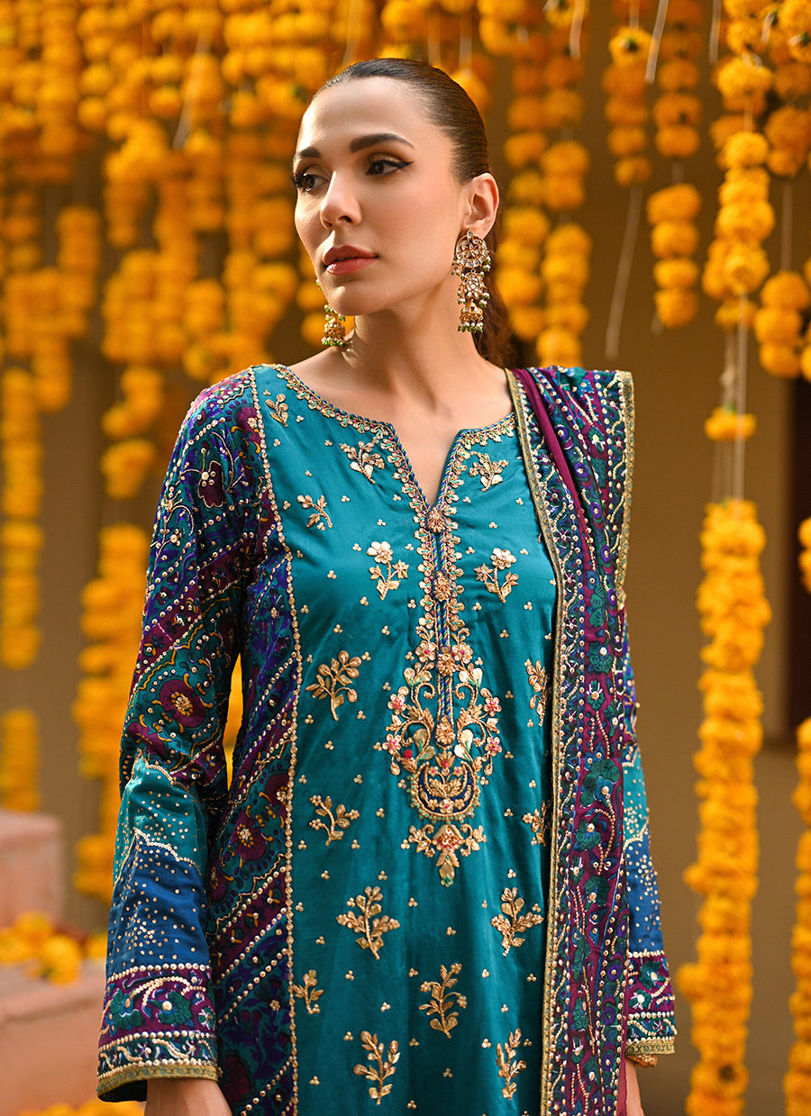 Halia teal block printed kurta, izaar dupatta