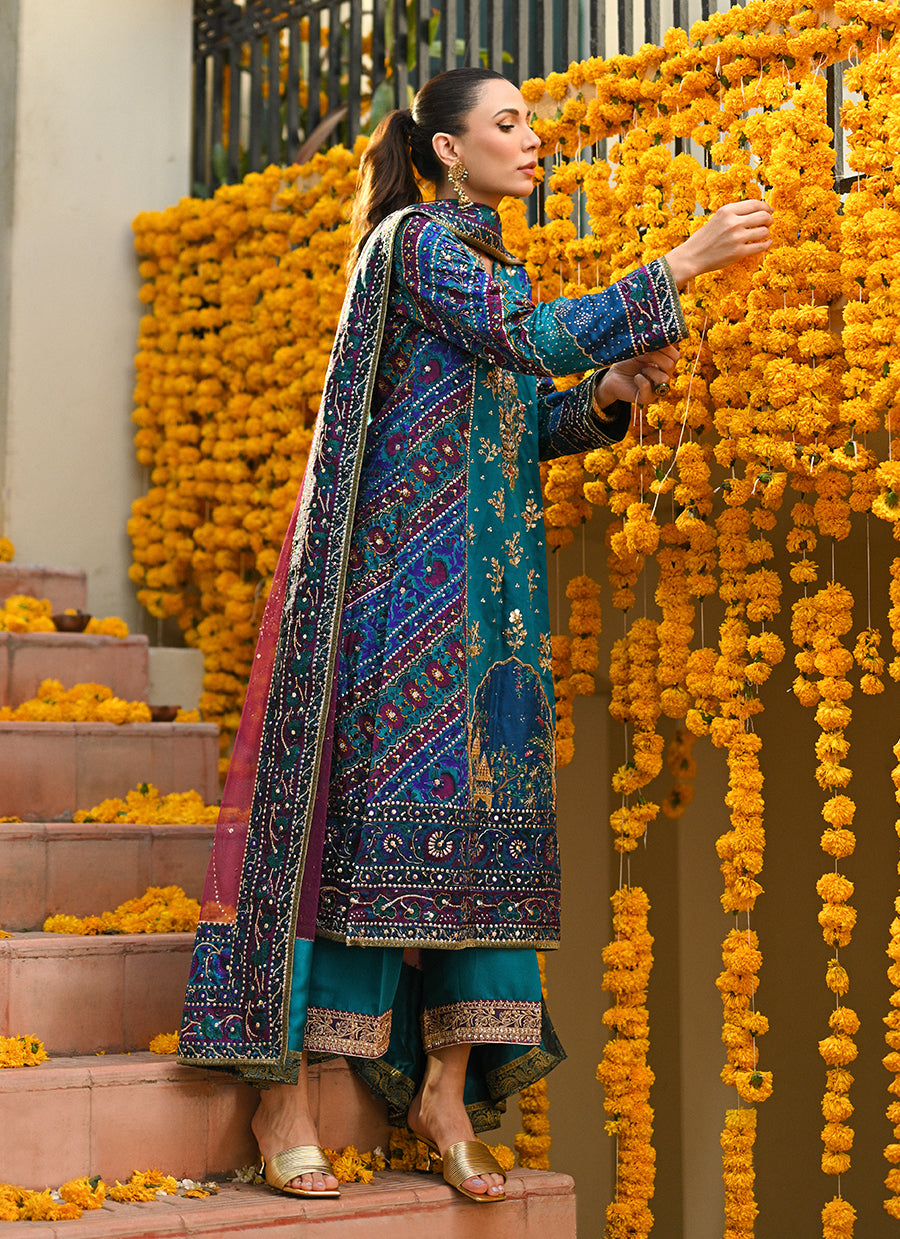 Halia teal block printed kurta, izaar dupatta