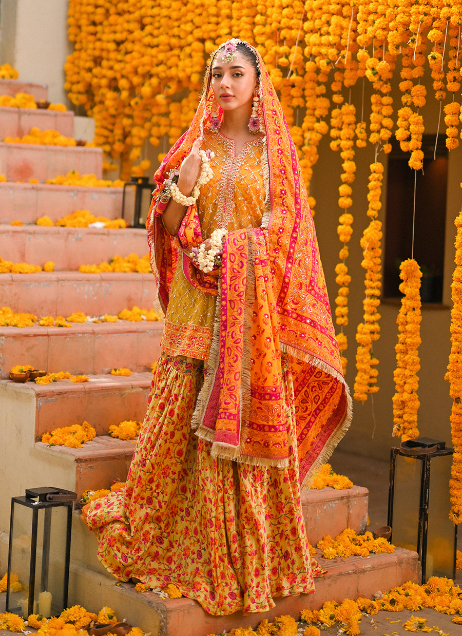 Losalie saffaron embellished shirt block print gharara and dupatta