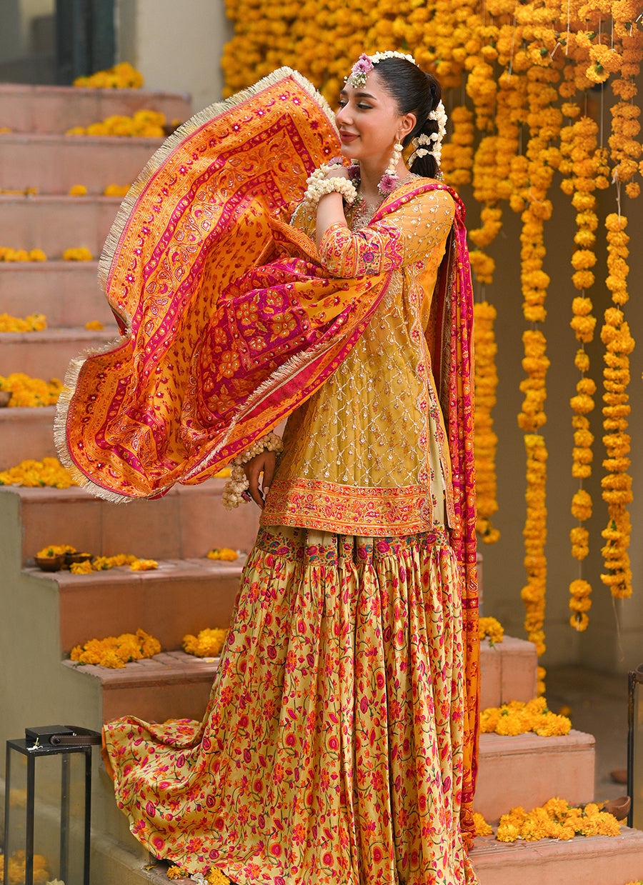 Losalie saffaron embellished shirt block print gharara and dupatta