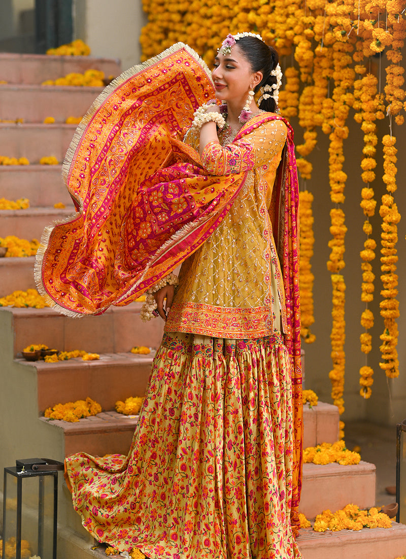 Losalie saffaron embellished shirt block print gharara and dupatta