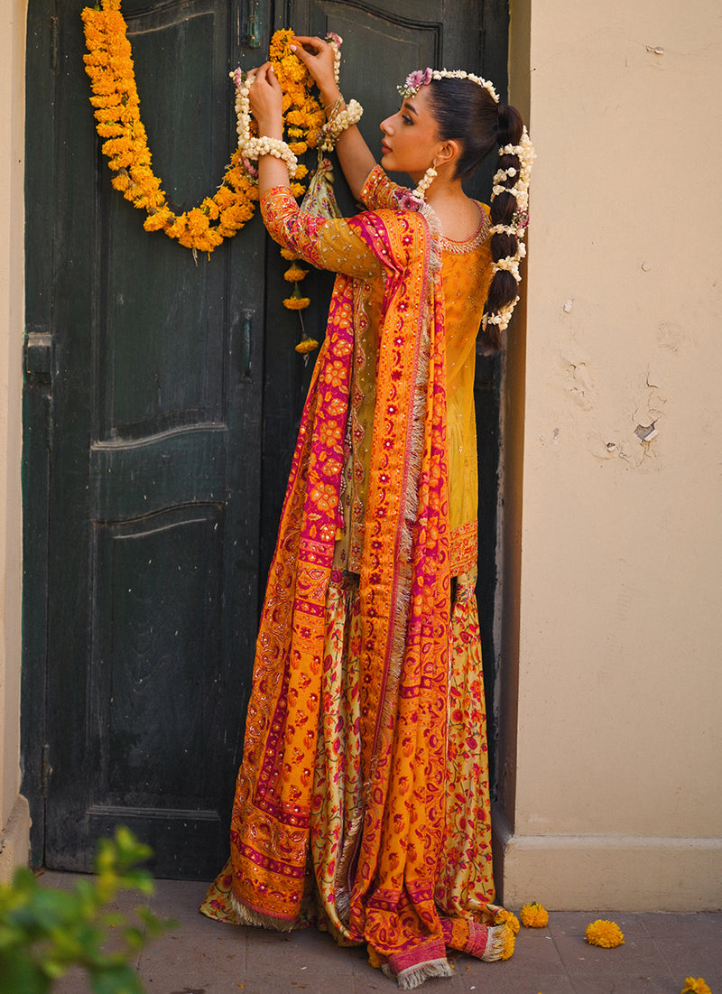 Losalie saffaron embellished shirt block print gharara and dupatta