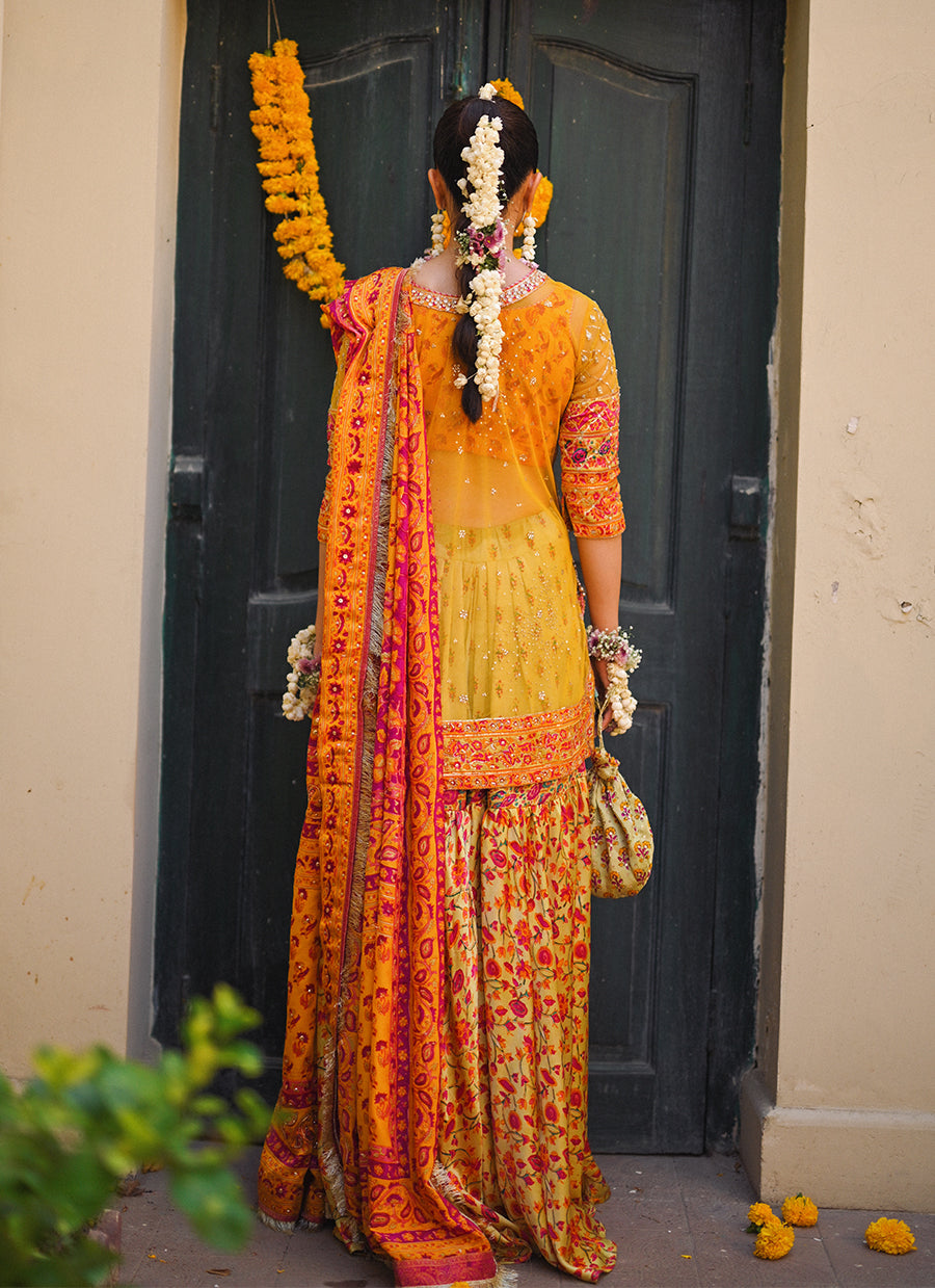 Losalie saffaron embellished shirt block print gharara and dupatta