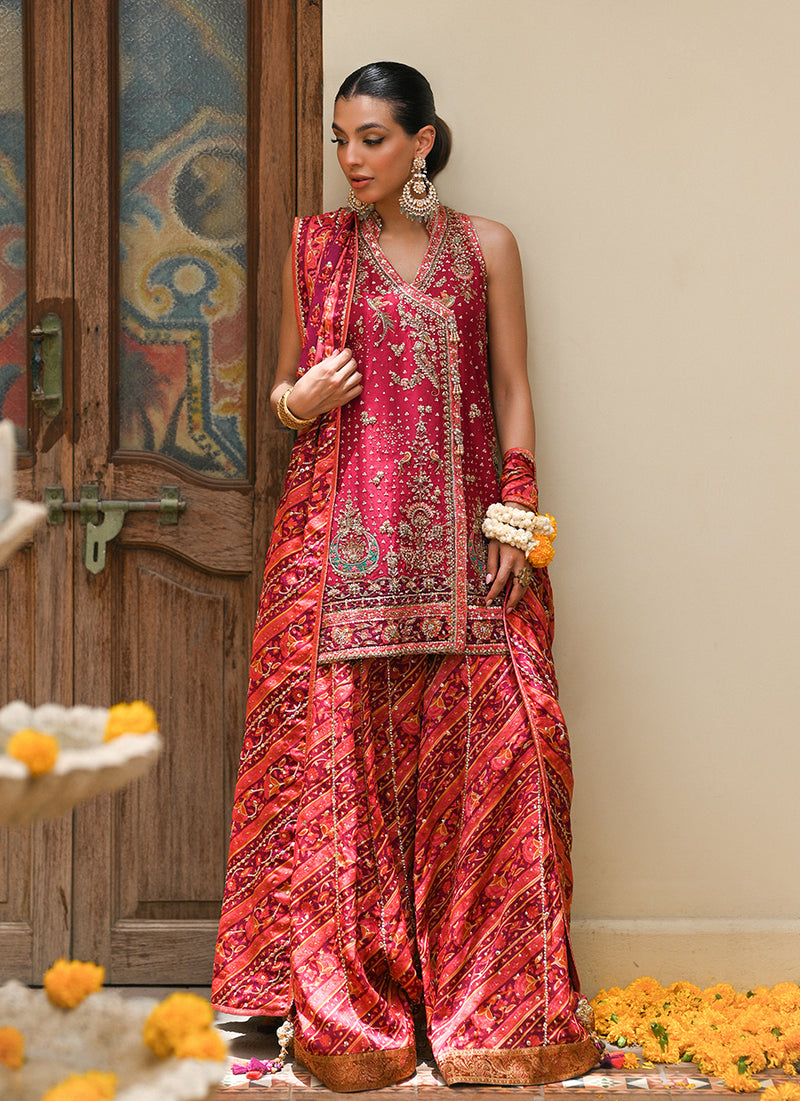Primrose crimson angharkha, embellished do-paincha dhakha and block print dupatta