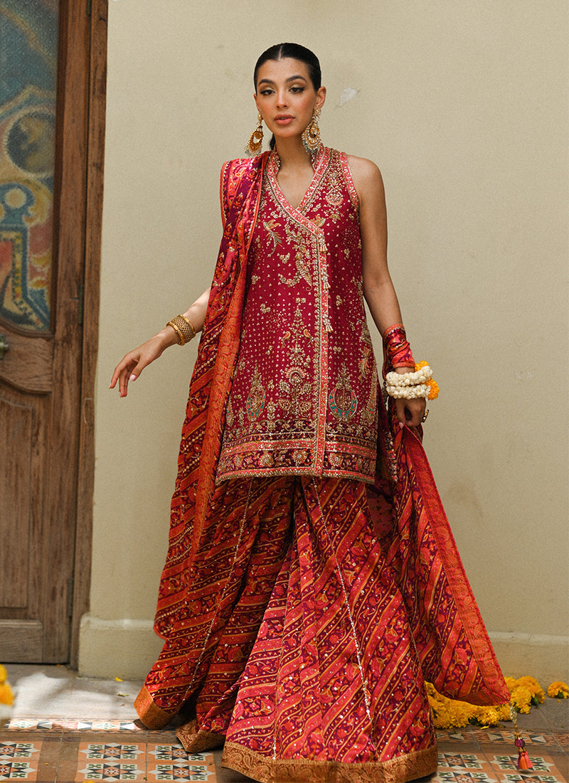 Primrose crimson angharkha, embellished do-paincha dhakha and block print dupatta