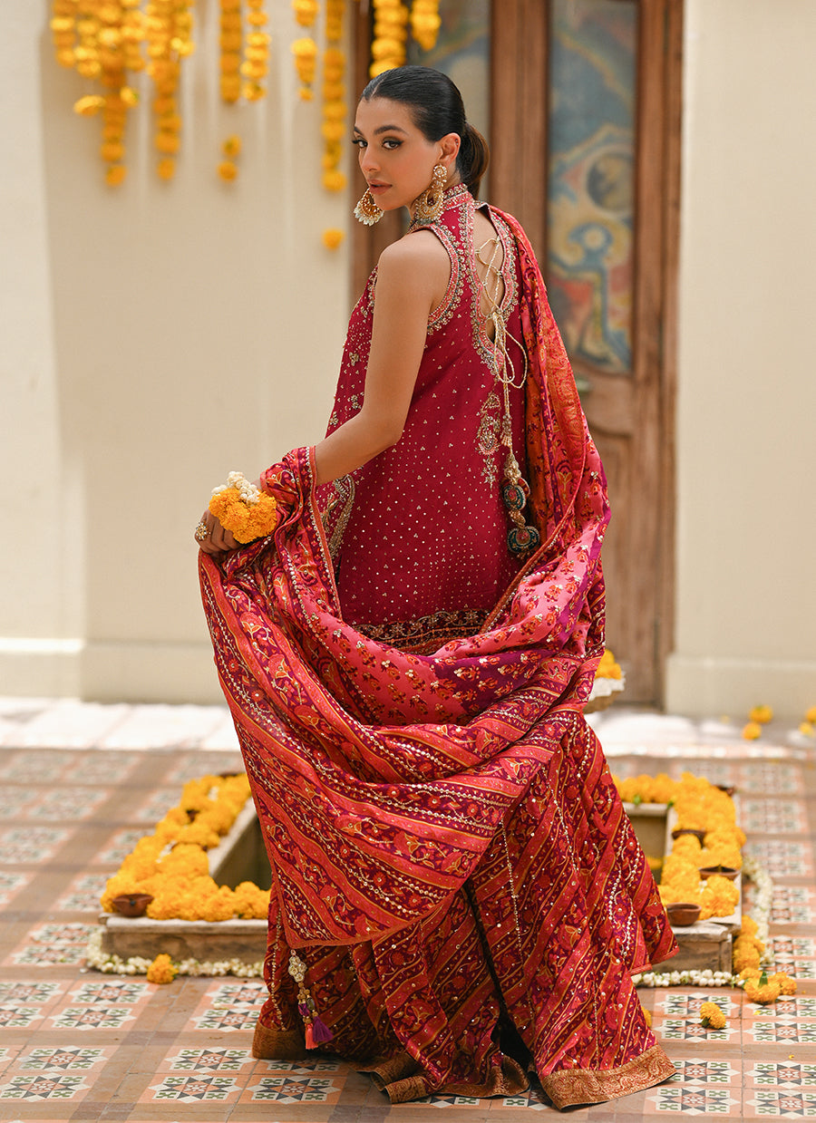 Primrose crimson angharkha, embellished do-paincha dhakha and block print dupatta