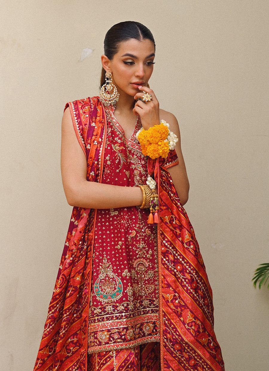 Primrose crimson angharkha, embellished do-paincha dhakha and block print dupatta