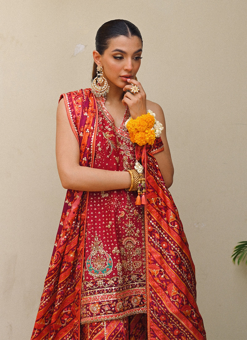 Primrose crimson angharkha, embellished do-paincha dhakha and block print dupatta