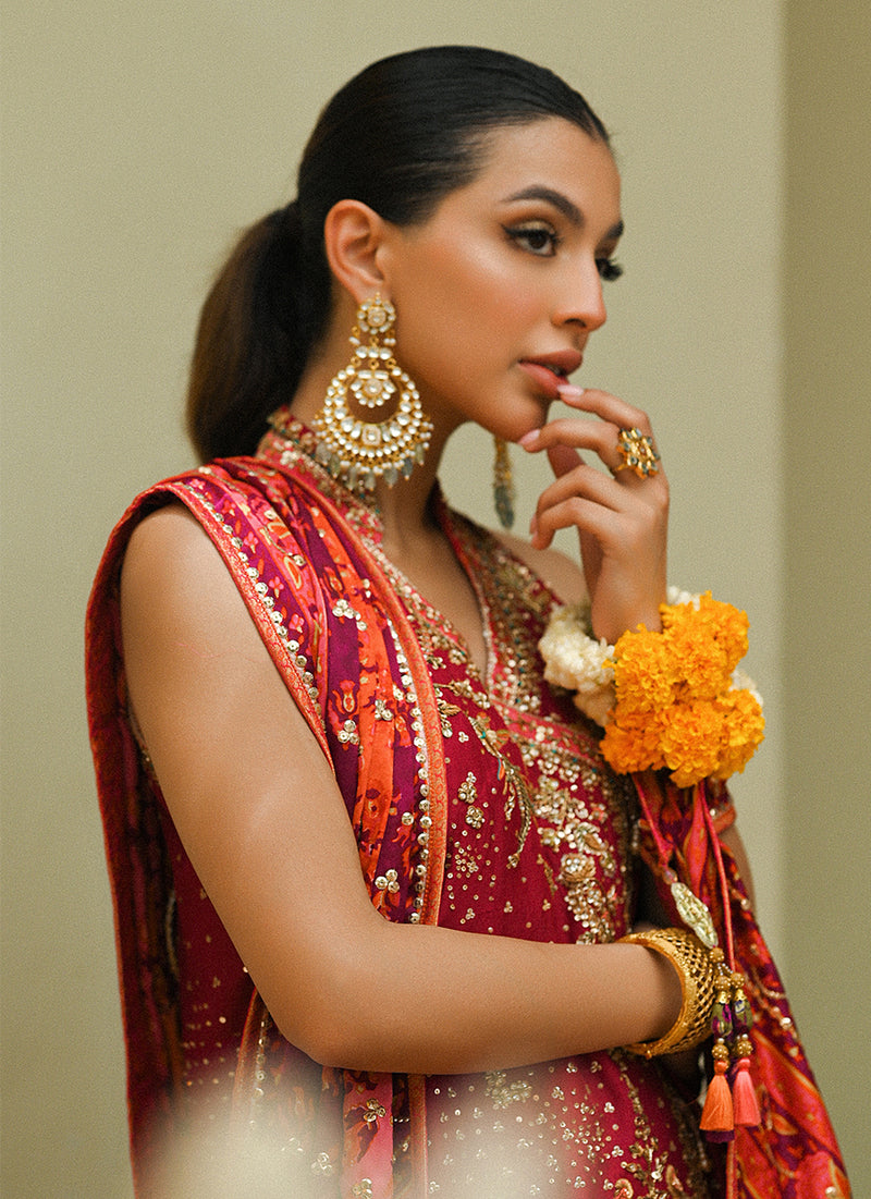 Primrose crimson angharkha, embellished do-paincha dhakha and block print dupatta