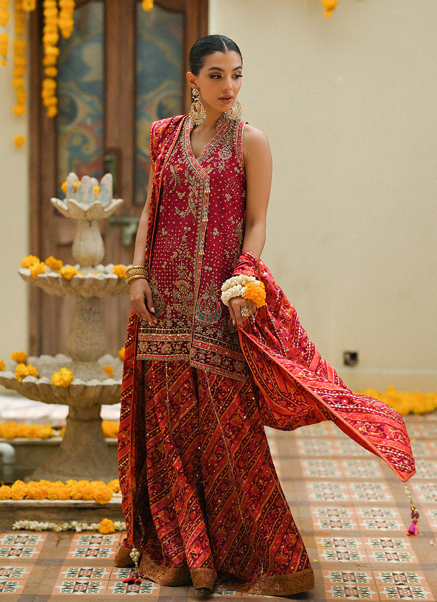 Primrose crimson angharkha, embellished do-paincha dhakha and block print dupatta