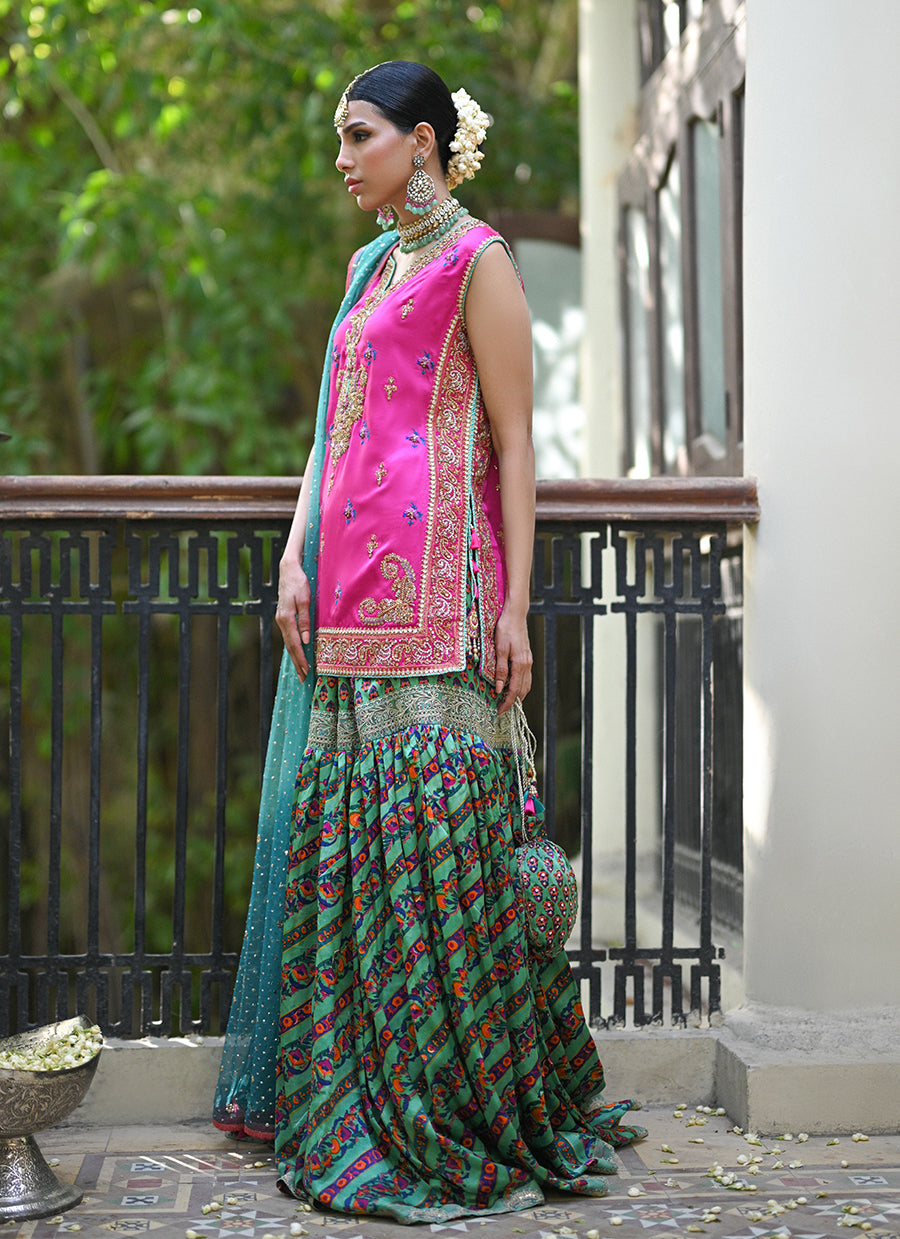 Elena rani pink shirt with block printed gharara