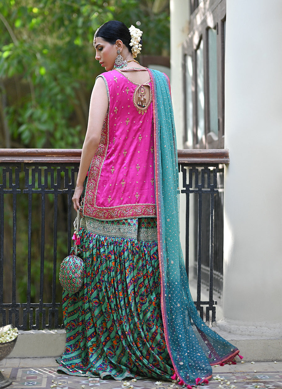 Elena rani pink shirt with block printed gharara