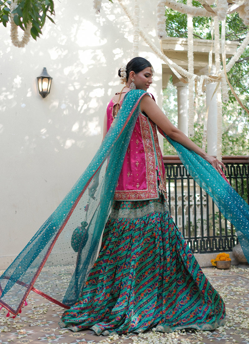 Elena rani pink shirt with block printed gharara