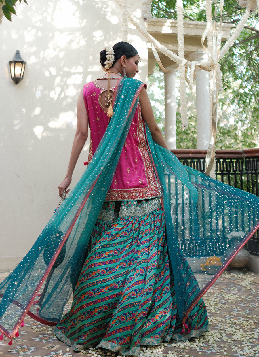 Elena rani pink shirt with block printed gharara