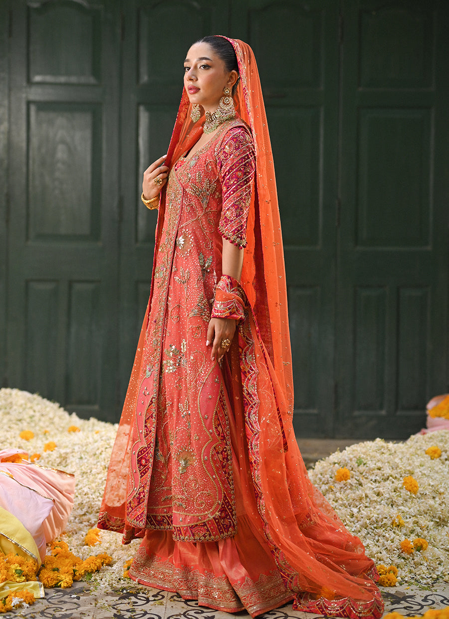 Sereia coral angharkha with an embellished dupatta