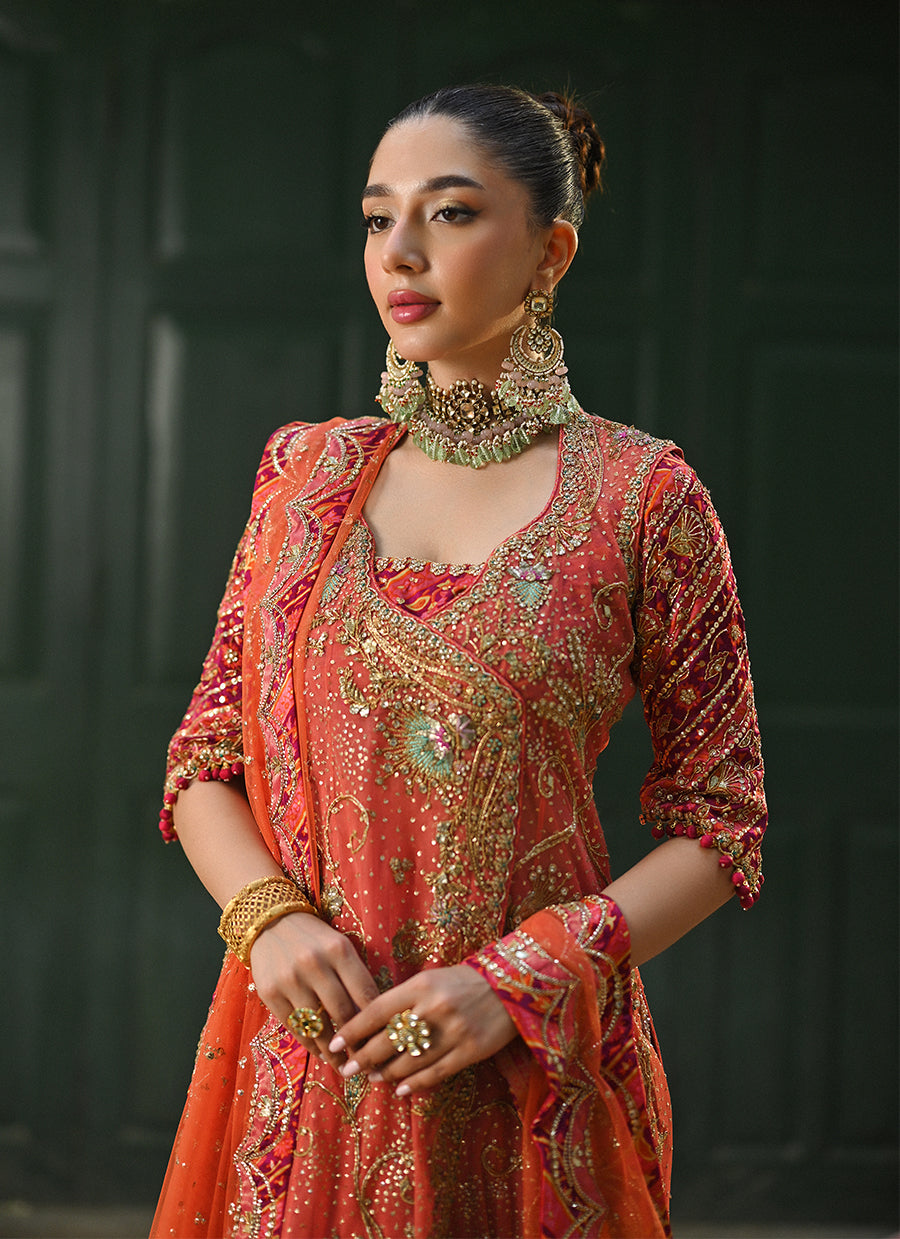 Sereia coral angharkha with an embellished dupatta