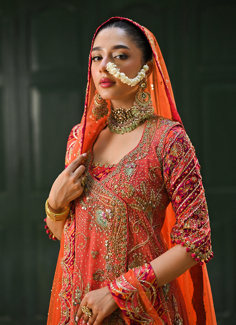 Sereia coral angharkha with an embellished dupatta