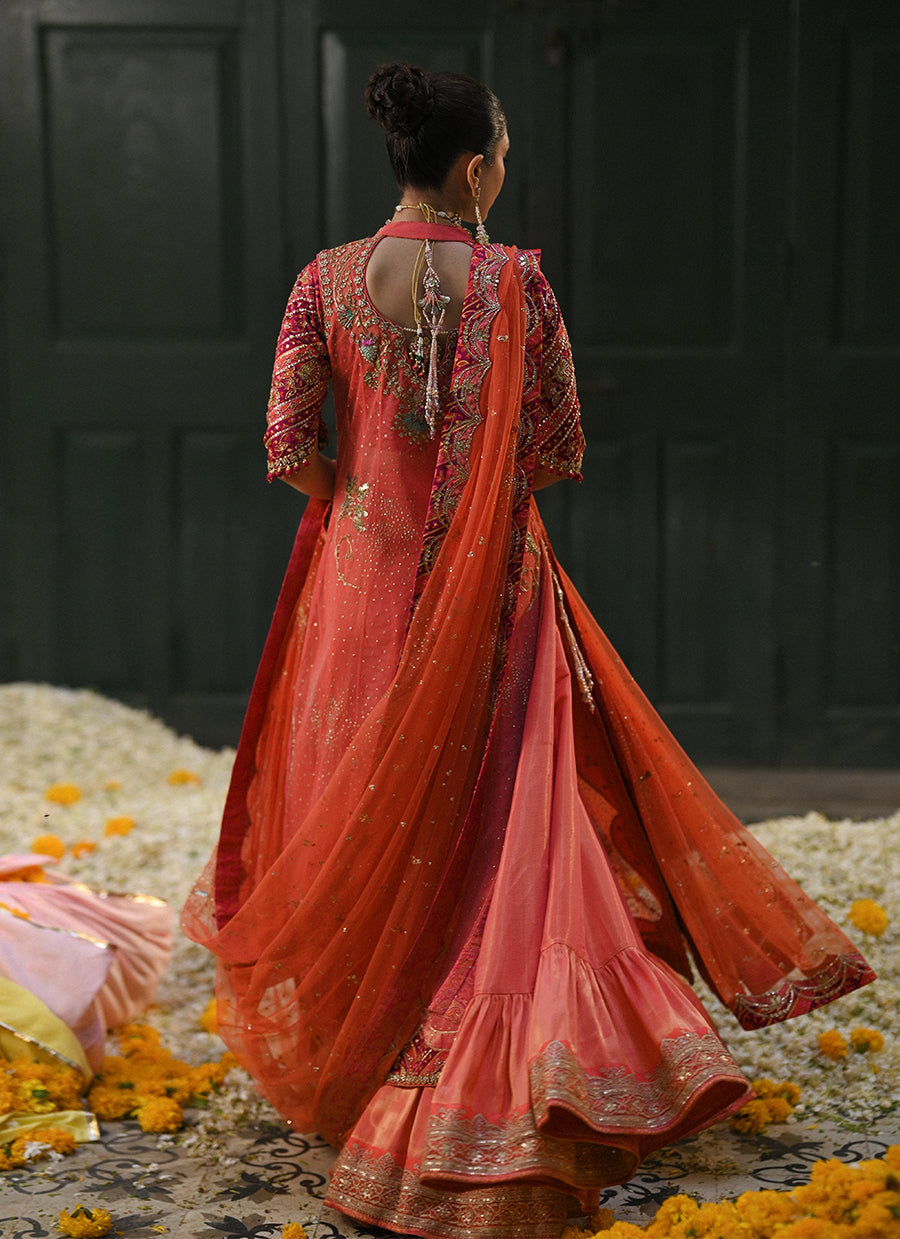 Sereia coral angharkha with an embellished dupatta