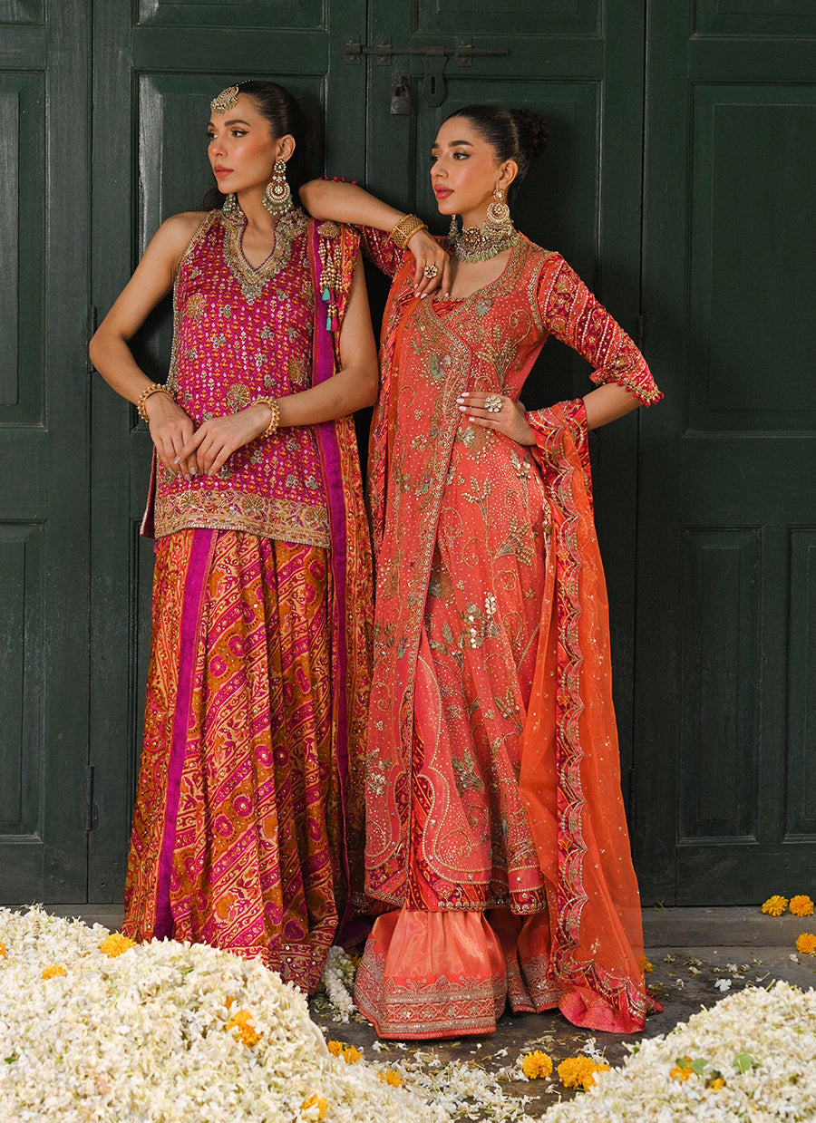 Sereia coral angharkha with an embellished dupatta