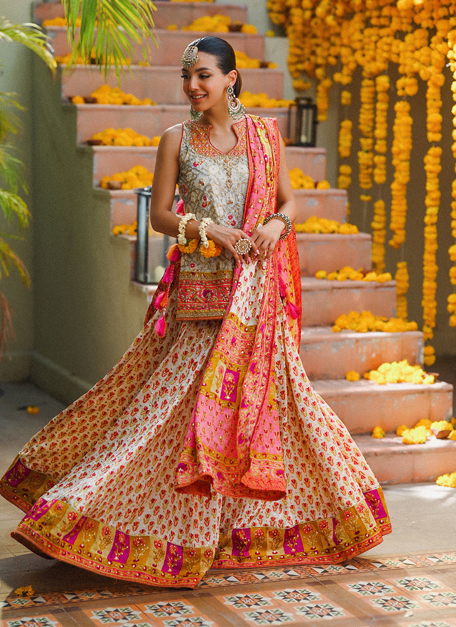 Marilla ivory short shirt with lengha and block printed dupatta