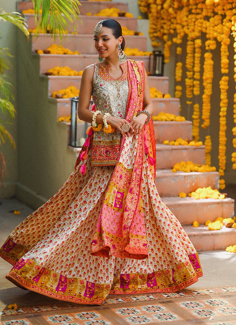 Marilla ivory short shirt with lengha and block printed dupatta