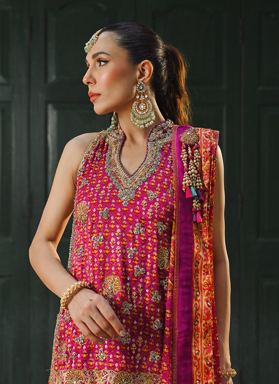 Ayala magenta pink block printed shirt dupatta and lengha