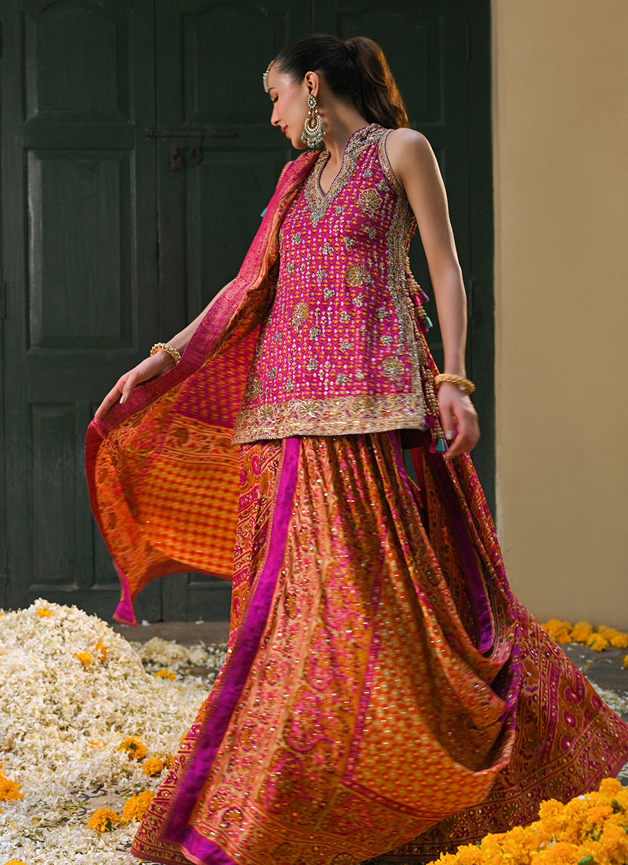 Ayala magenta pink block printed shirt dupatta and lengha