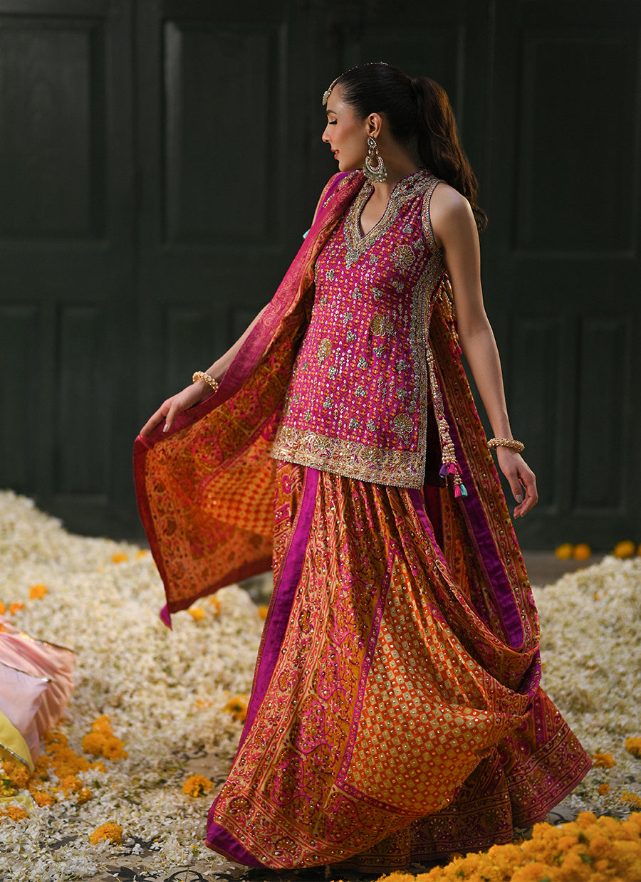 Ayala magenta pink block printed shirt dupatta and lengha