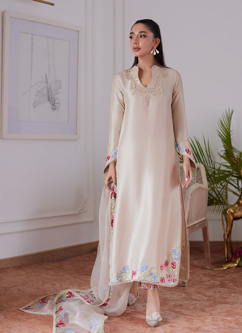 Liara Sand Embroidered Raw Silk Shirt And Dupatta
