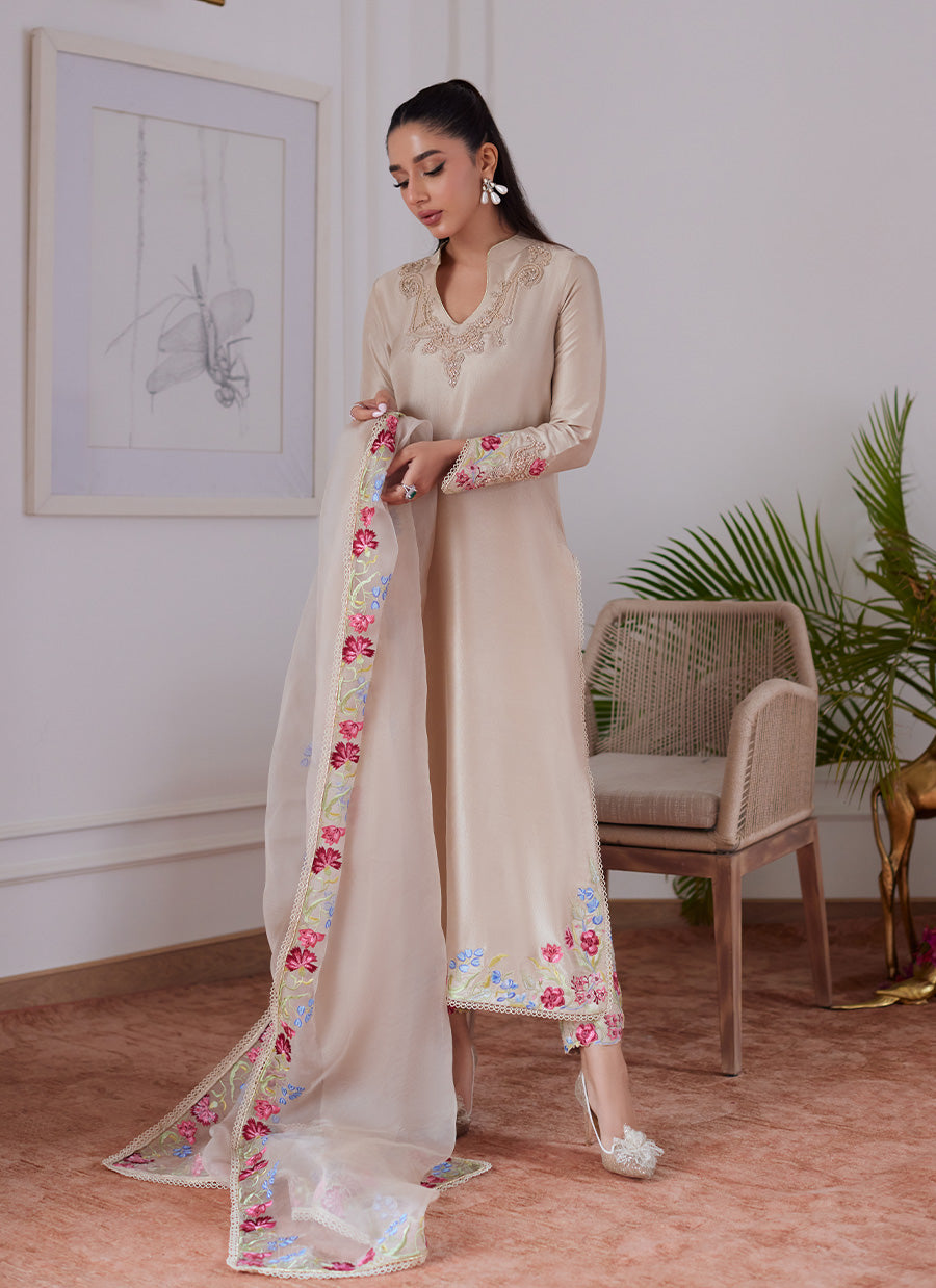 Liara Sand Embroidered Raw Silk Shirt And Dupatta