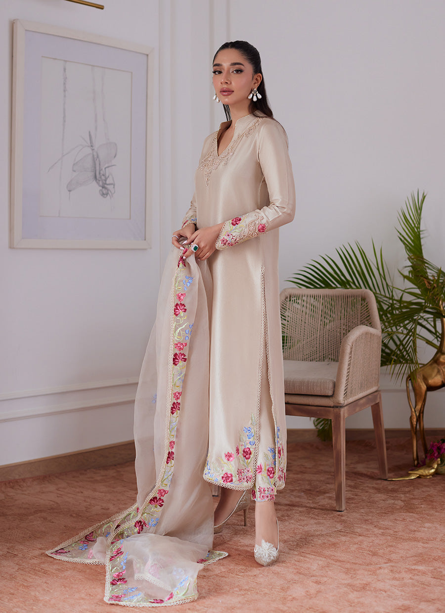 Liara Sand Embroidered Raw Silk Shirt And Dupatta