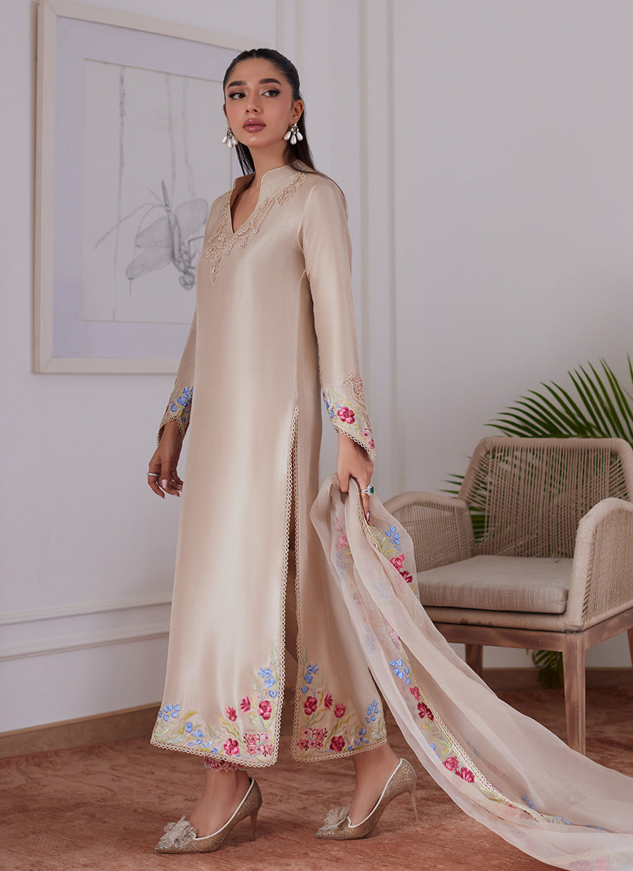 Liara Sand Embroidered Raw Silk Shirt And Dupatta