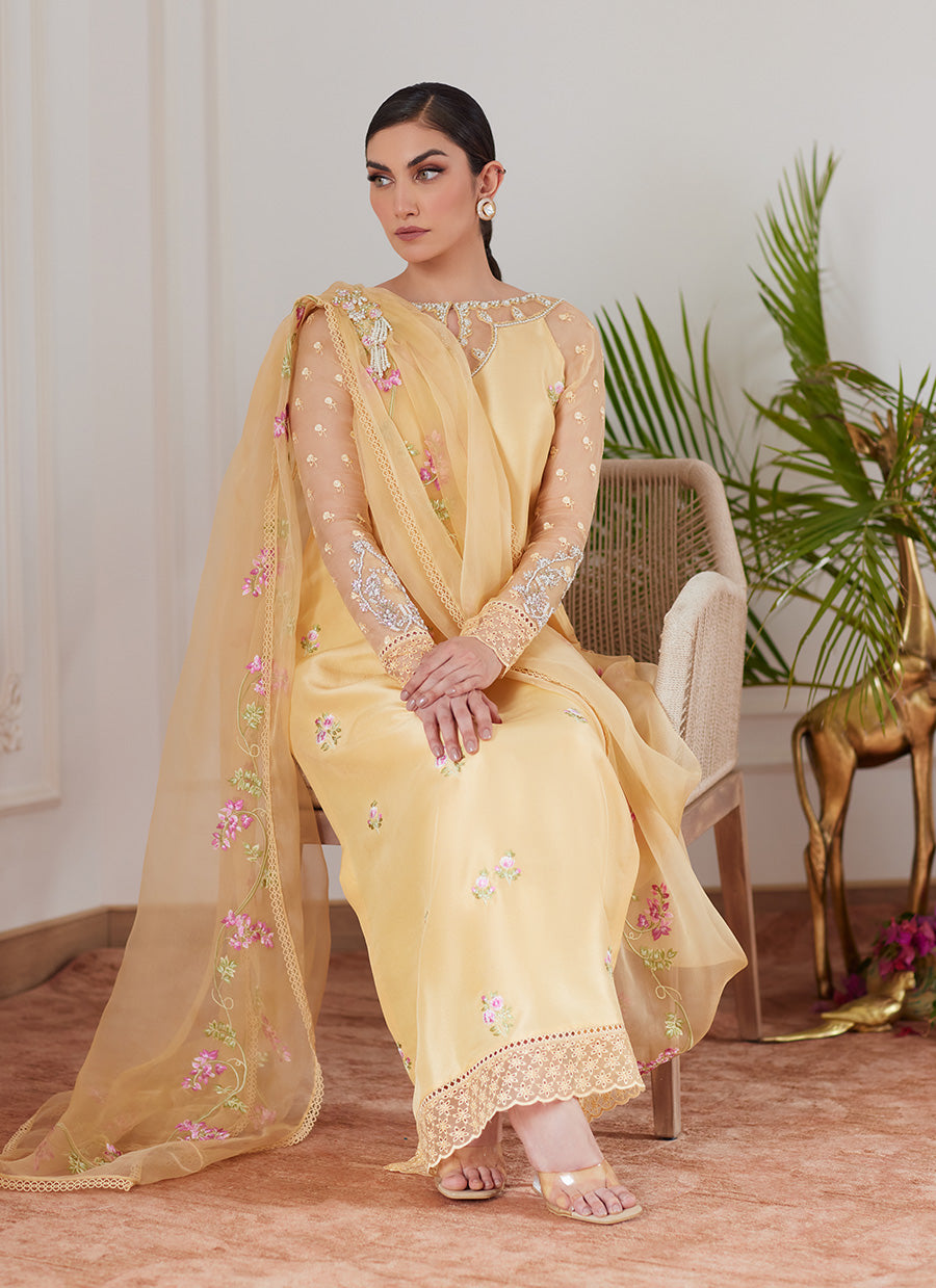 Cyrilla Pale Yellow Embroidered Raw Silk Shirt With Draped Dupatta