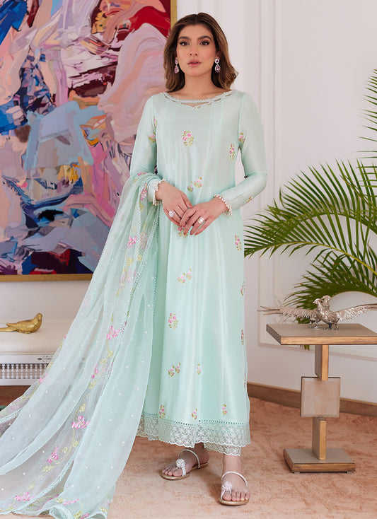 Elyssia Mint Embroidered Raw Silk Kalidar With Dupatta