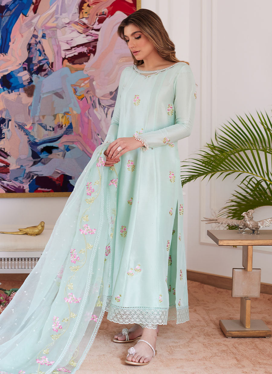 Elyssia Mint Embroidered Raw Silk Kalidar With Dupatta