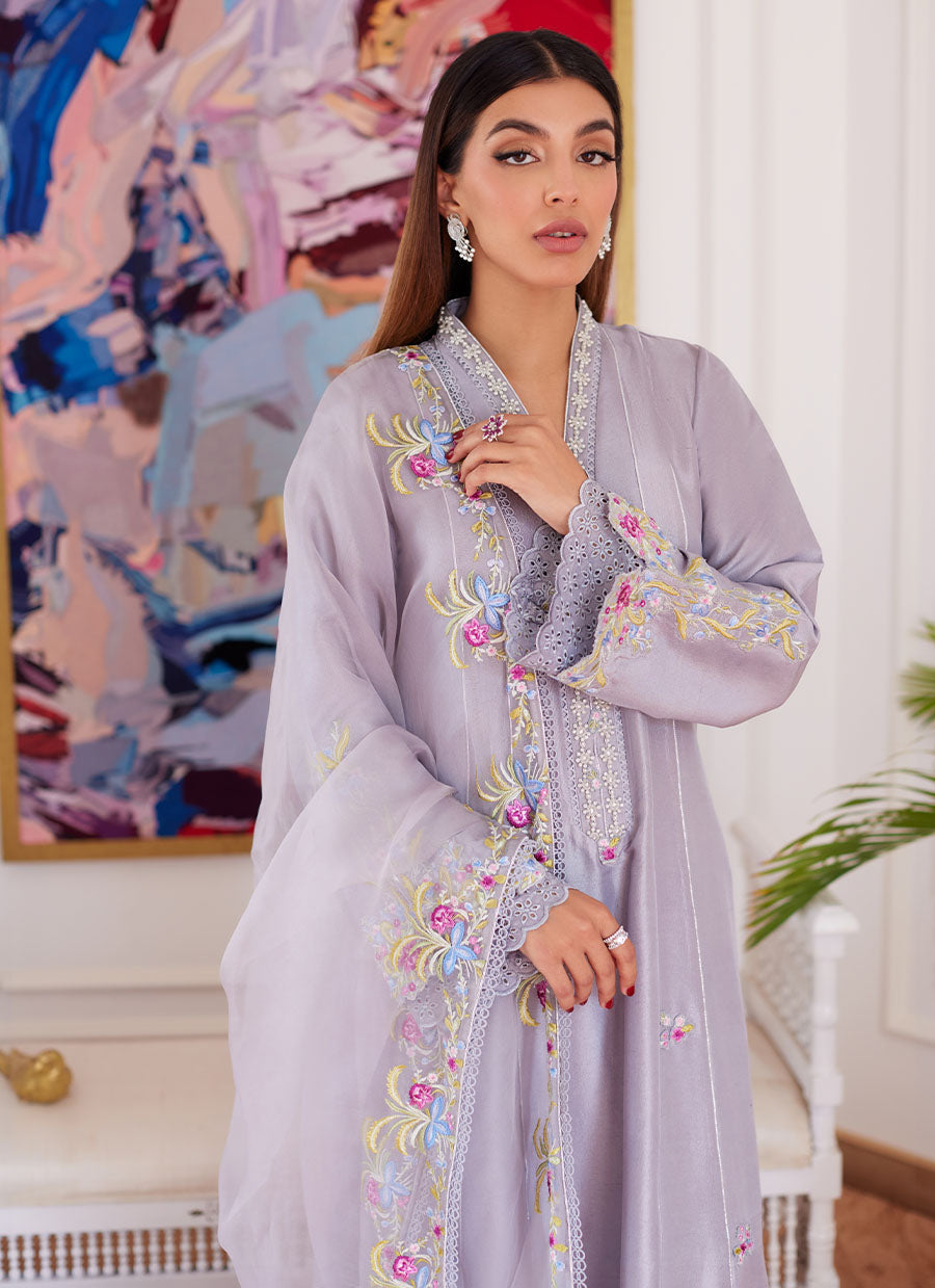 Odette Silver Grey Embroidered Raw Silk Kalidar With Dupatta