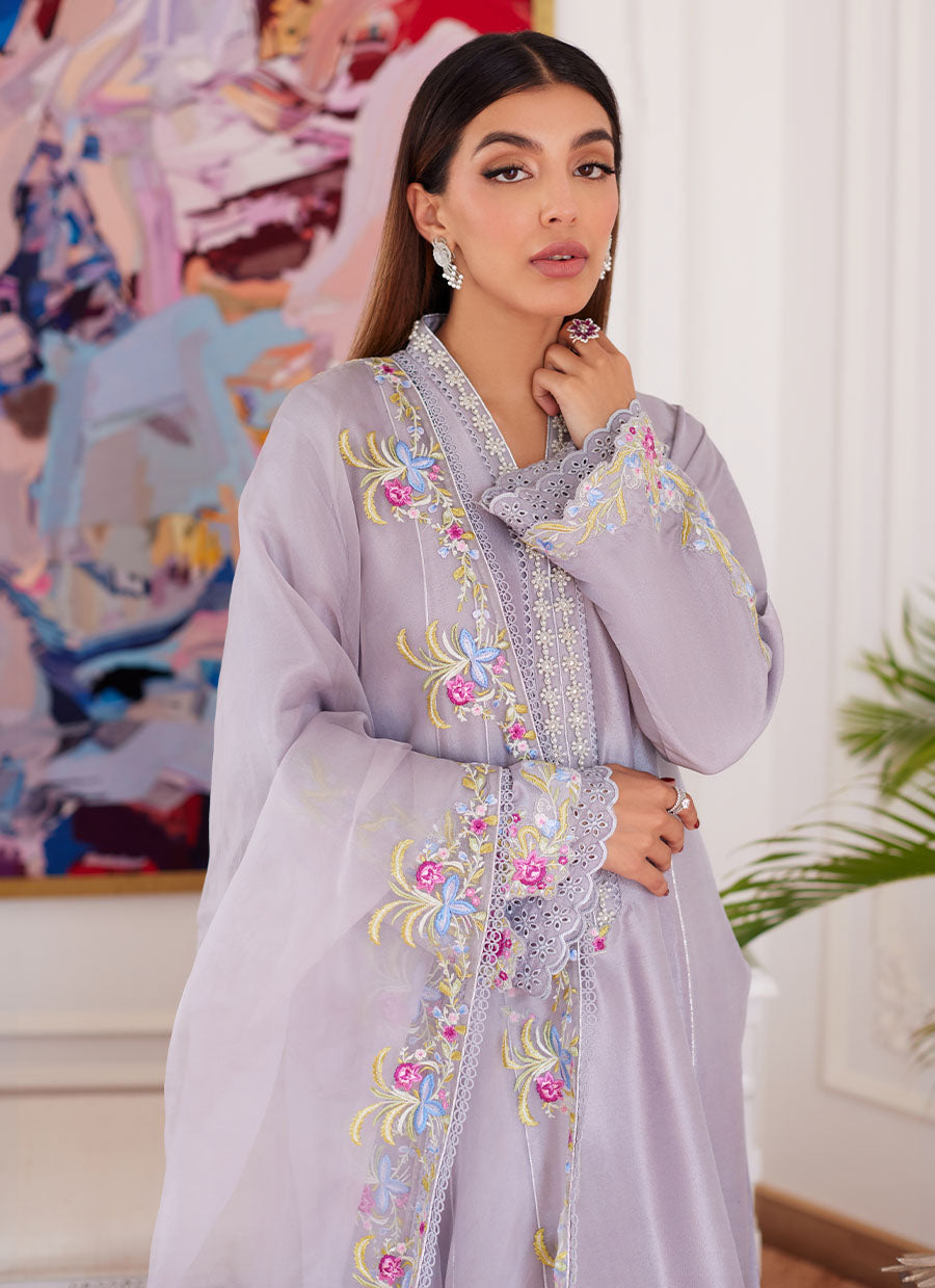 Odette Silver Grey Embroidered Raw Silk Kalidar With Dupatta