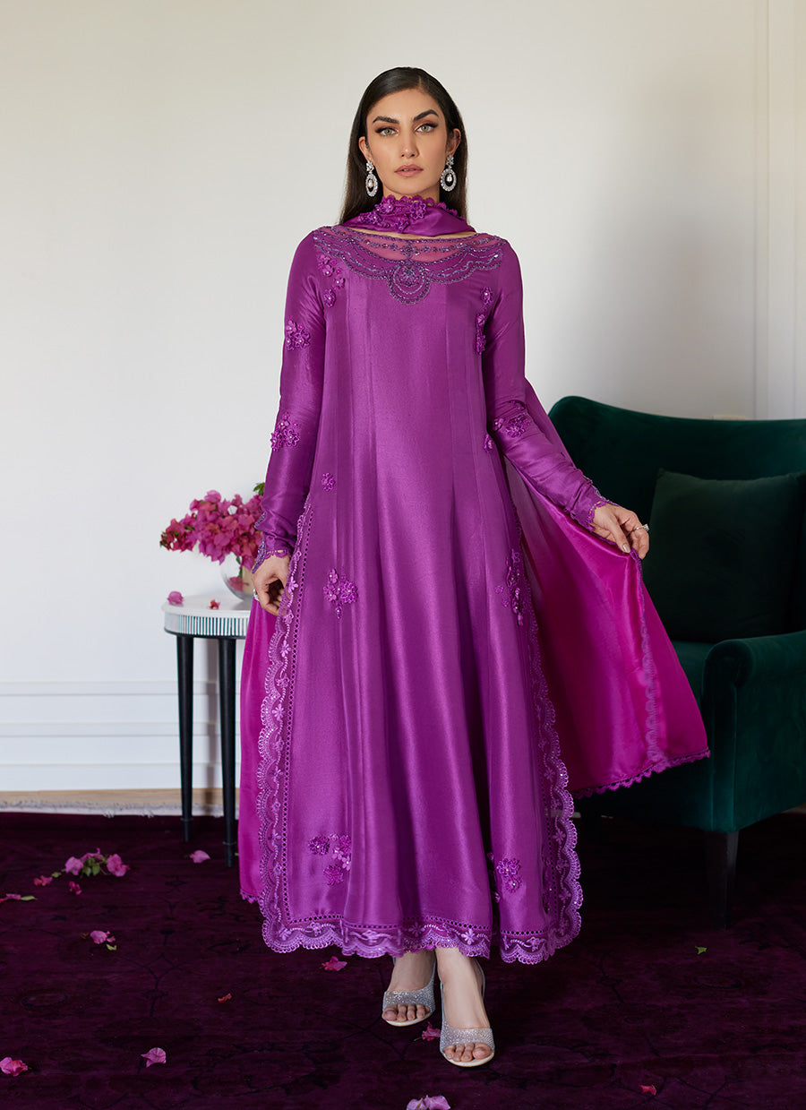 Tierra Muted Magenta Embroidered Raw Silk Kalidar With Dupatta