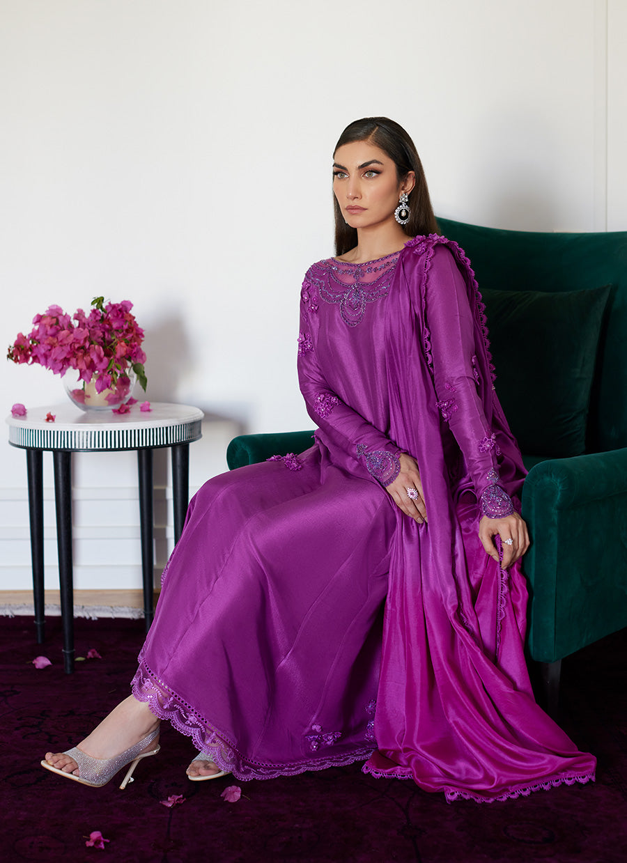 Tierra Muted Magenta Embroidered Raw Silk Kalidar With Dupatta